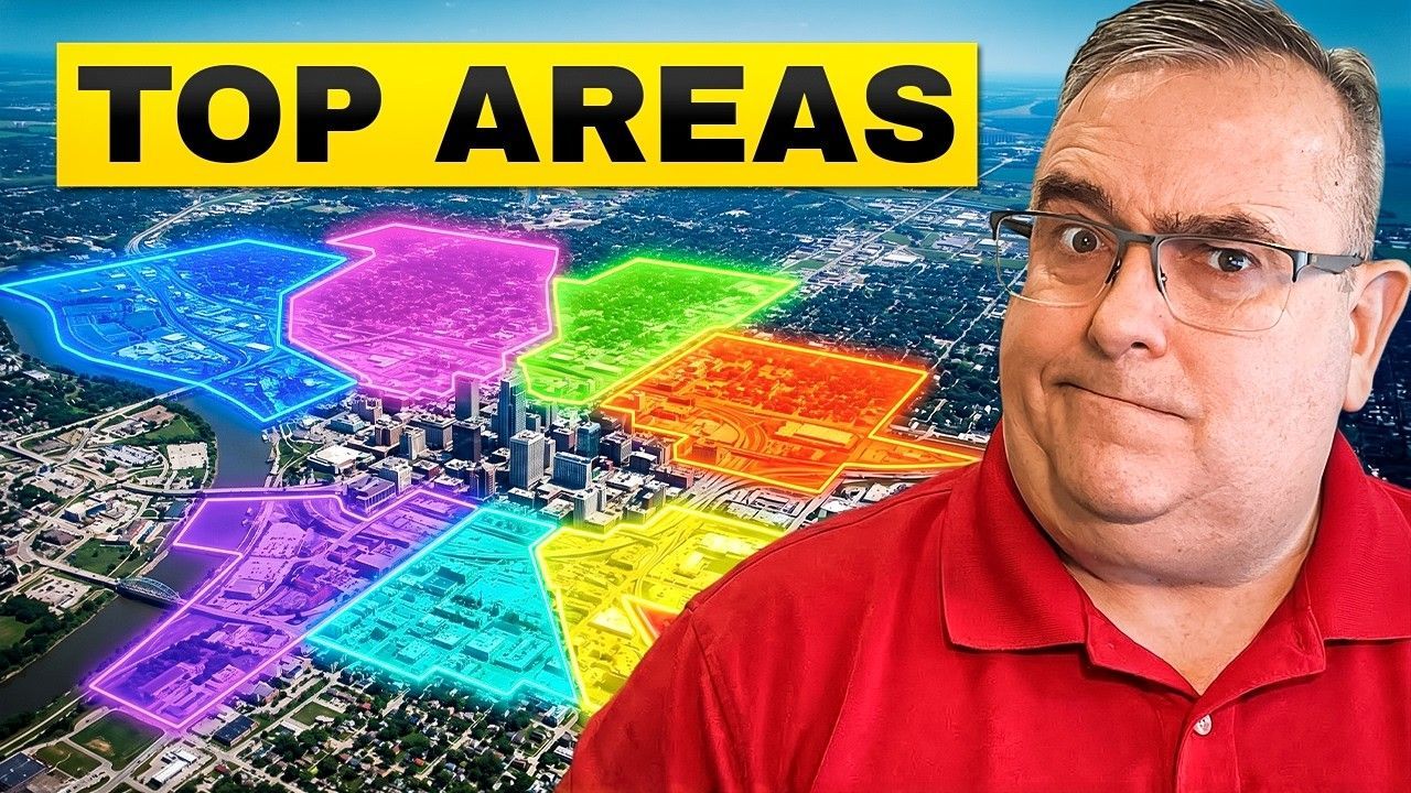 Aerial map with colorful highlighted areas and a man in a red shirt beside “TOP AREAS” text