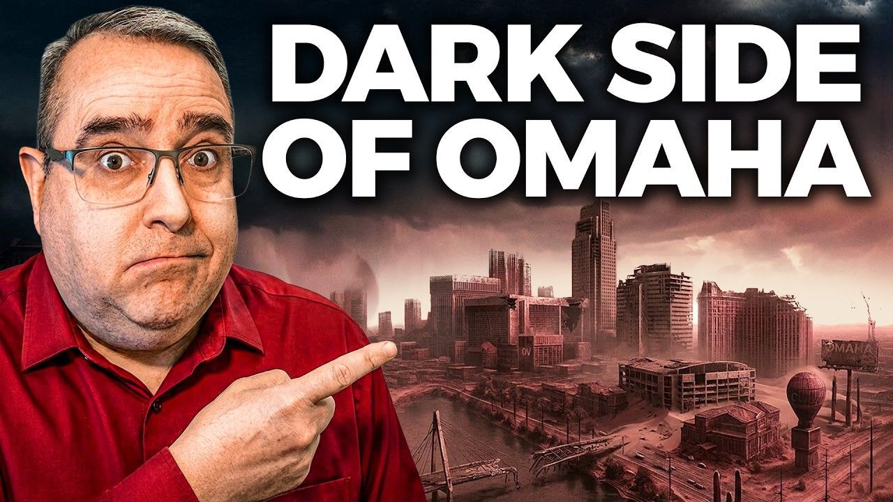 Man in red shirt pointing at a sepia city skyline with bold text “DARK SIDE OF OMAHA”