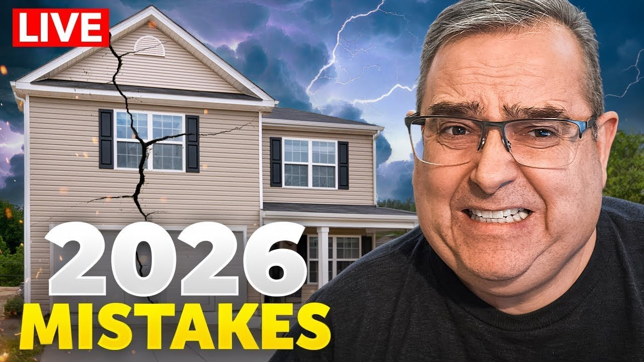House with stormy sky and smiling man beside bold text “2026 MISTAKES” and a red LIVE tag