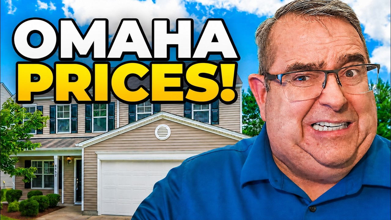 Man in blue polo beside a house with bold text “OMAHA PRICES!” and a city skyline background