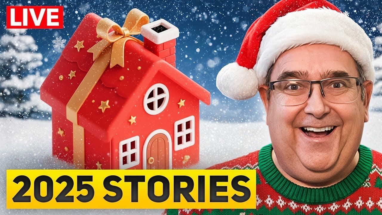 Man in Santa hat smiles next to a decorative red house with a bow; snow background; 