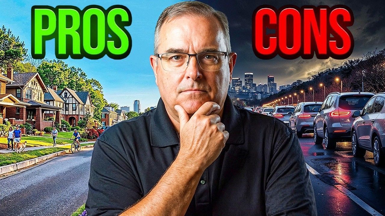 Man considering pros and cons of suburban housing versus city life, shown with contrasting visuals.