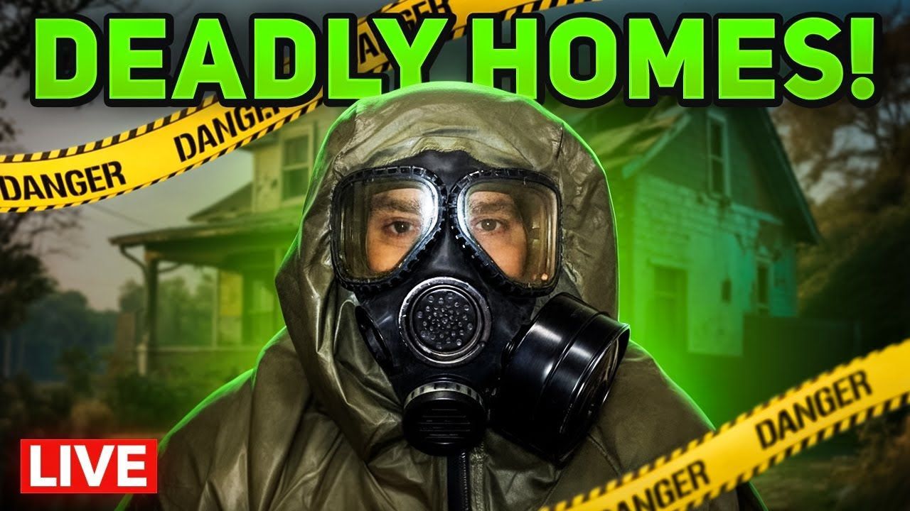 Man in gas mask,hazmat suit in front of a house, with