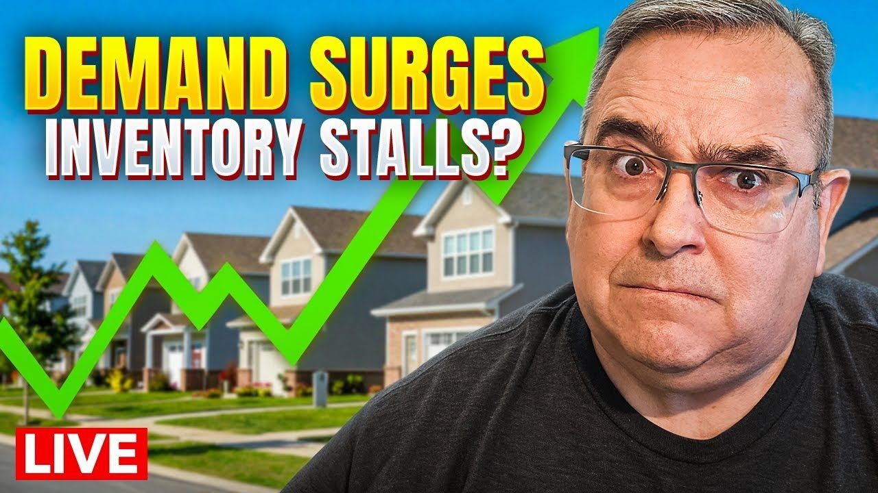 Man in glasses with concerned expression; houses and rising green arrow background; text: