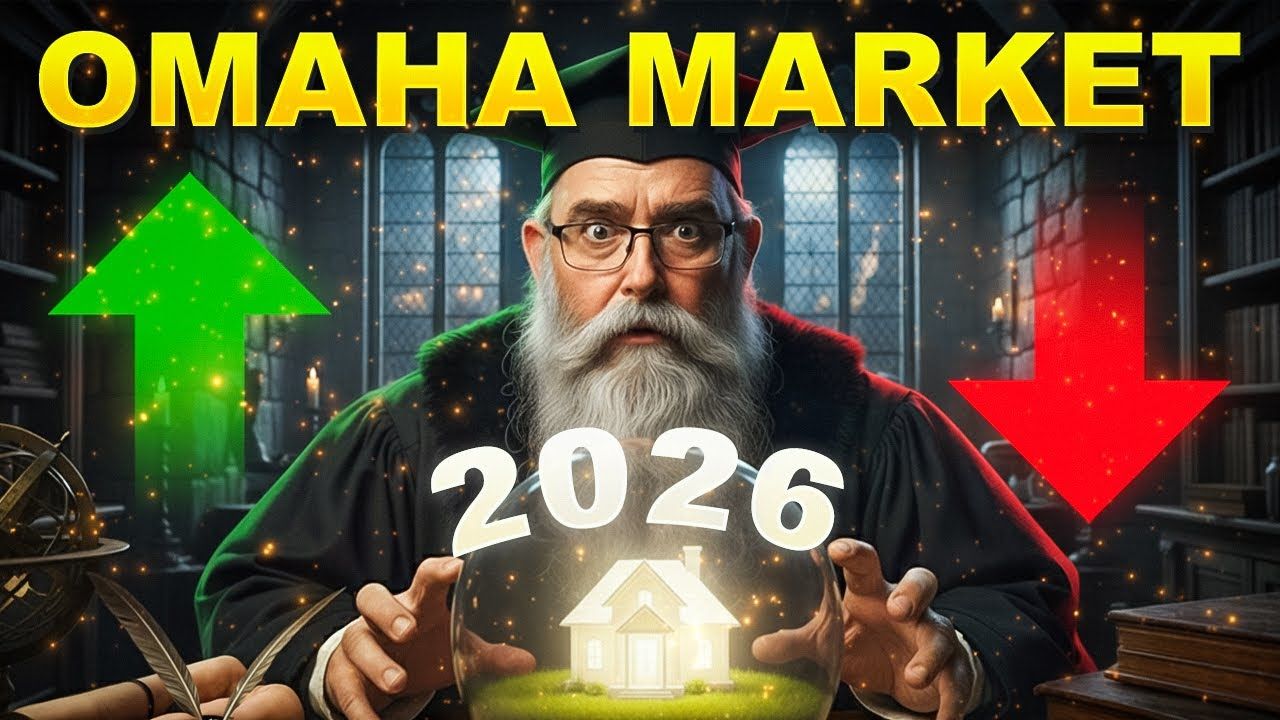 Wizard with crystal ball showing a house, green up arrow, and red down arrow; text: Omaha Market 2026.