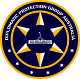 Emblem of the Diplomatic Protection Group Australia: blue star with Australian Parliament, surrounded by text and stars.