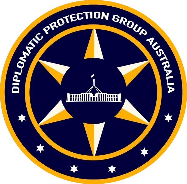 Emblem of the Diplomatic Protection Group Australia: blue star with Australian Parliament, surrounded by text and stars.