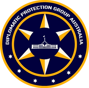 Emblem of the Diplomatic Protection Group Australia: blue star with Australian Parliament, surrounded by text and stars.