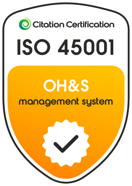 ISO 45001 OH&S management system certification badge with orange and white details and a check mark.