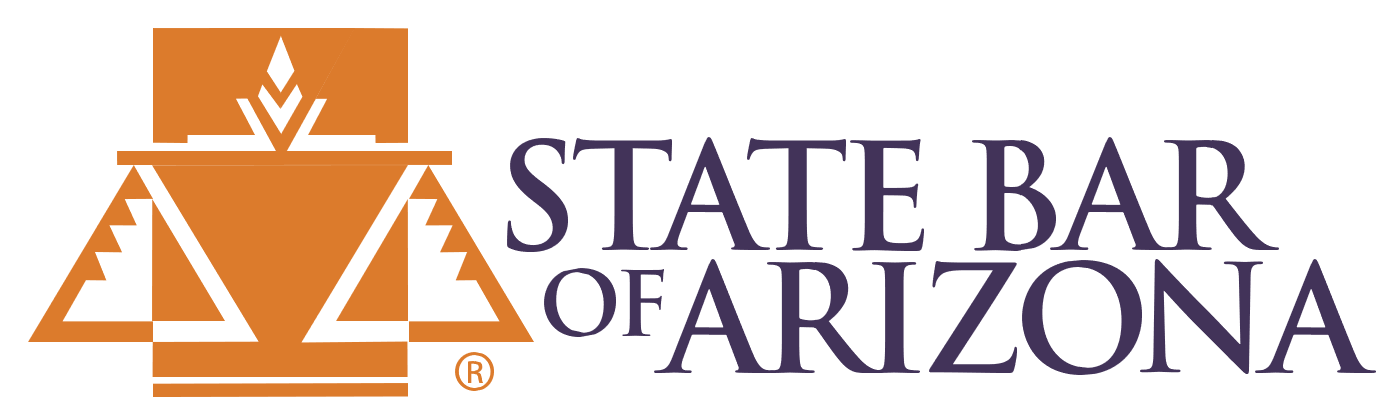 State Bar of Arizona logo with orange scales and purple text