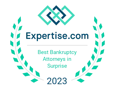 Expertise.com award badge for Best Bankruptcy Attorneys in Surprise, 2023, with teal laurel wreath