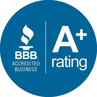 BBB Accredited Business logo with blue torch icon and white text on a blue background