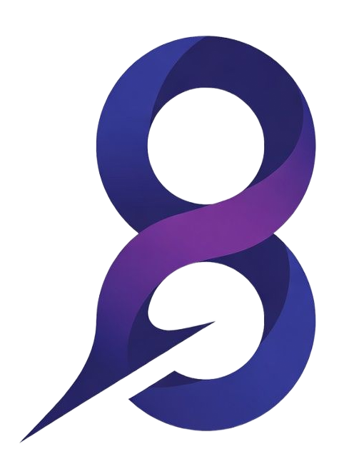 Blue and purple stylized number eight with a swoosh.