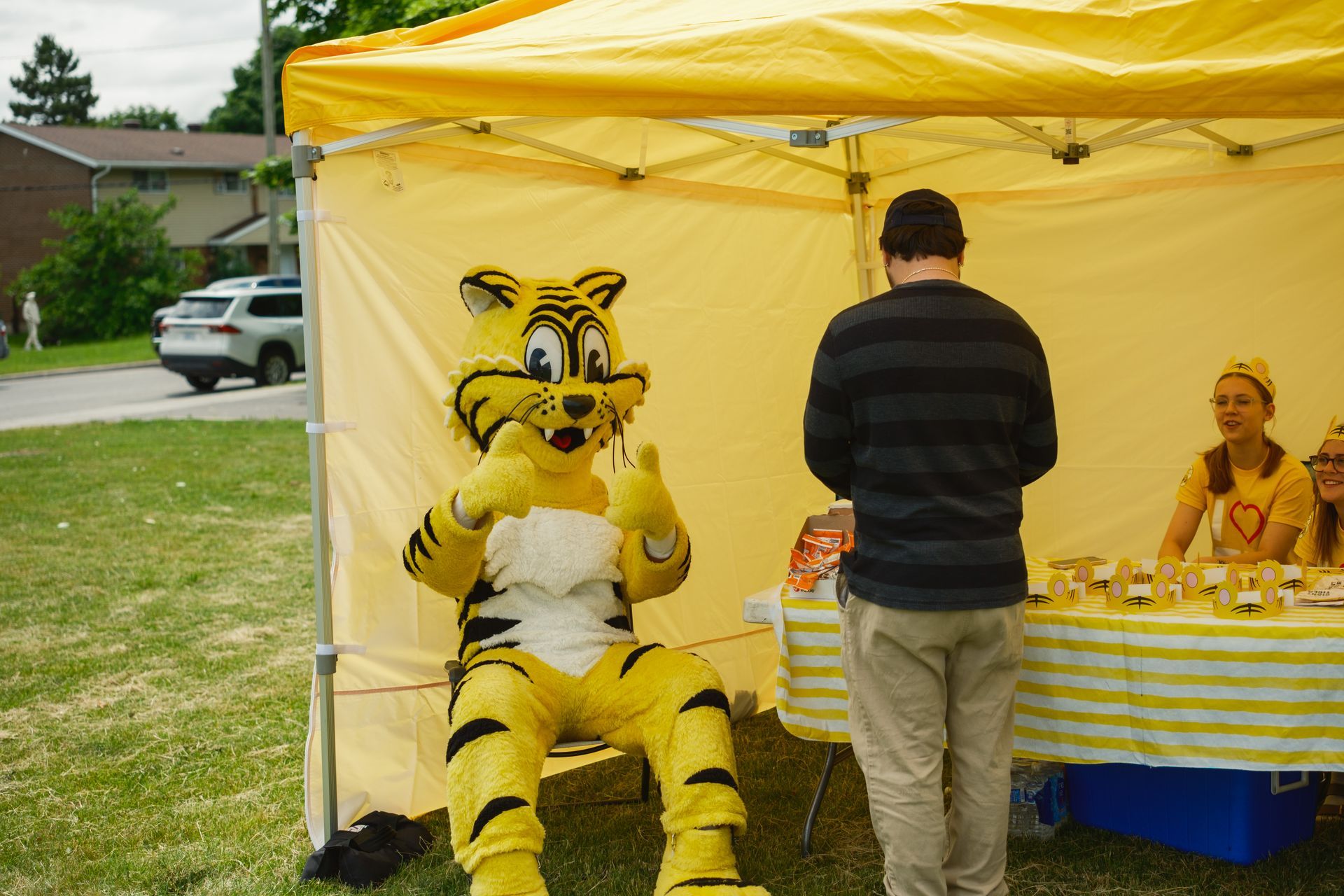 A man in a tiger costume is standing in front of a yellow tent.