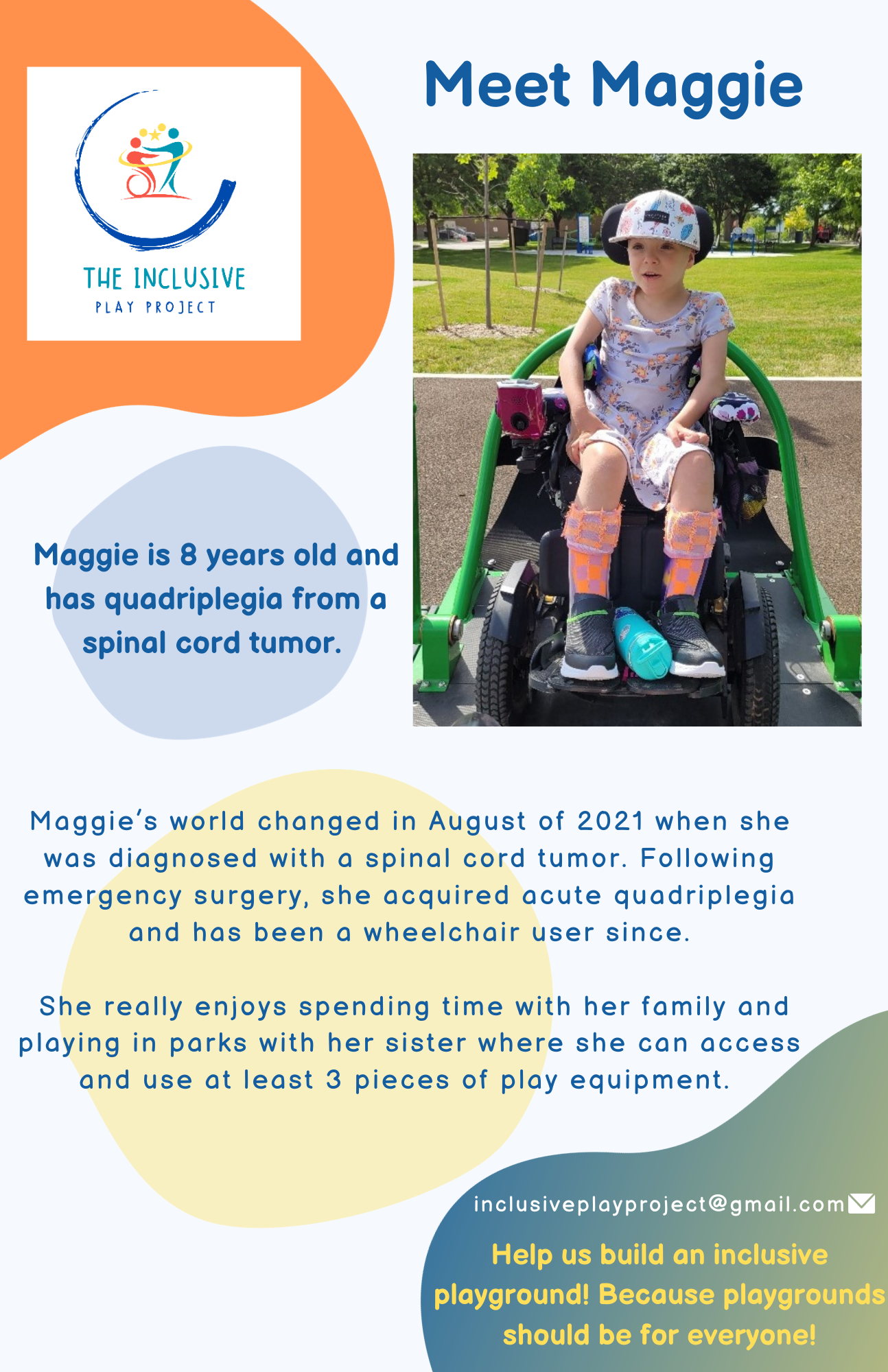 A young girl is sitting in a wheelchair in a park.