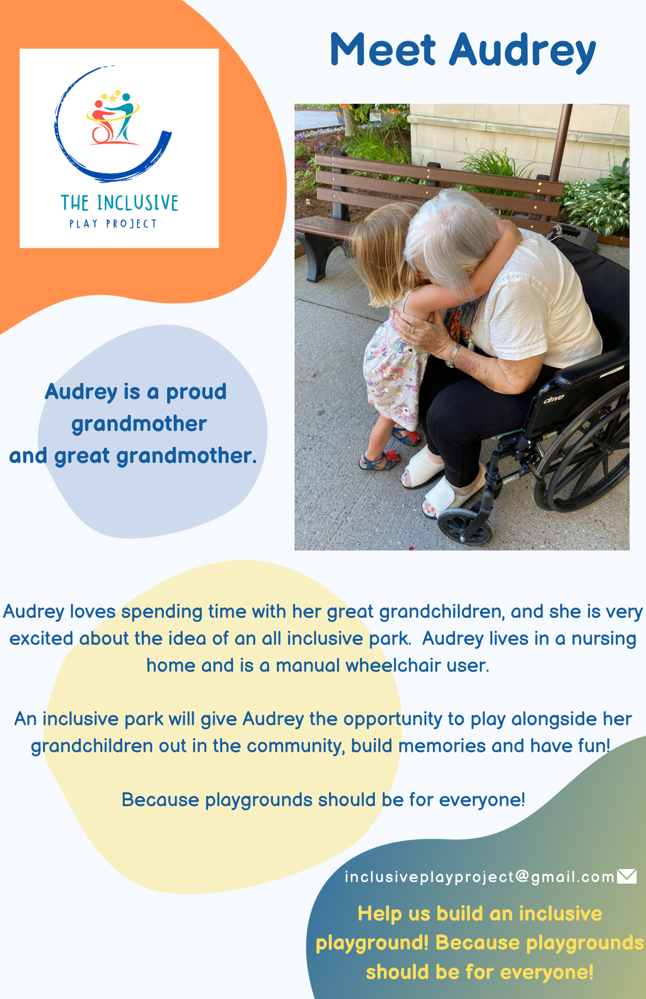 An elderly woman in a wheelchair is hugging a little girl.