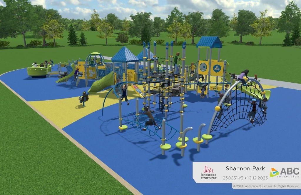 An artist 's impression of a playground in a park.