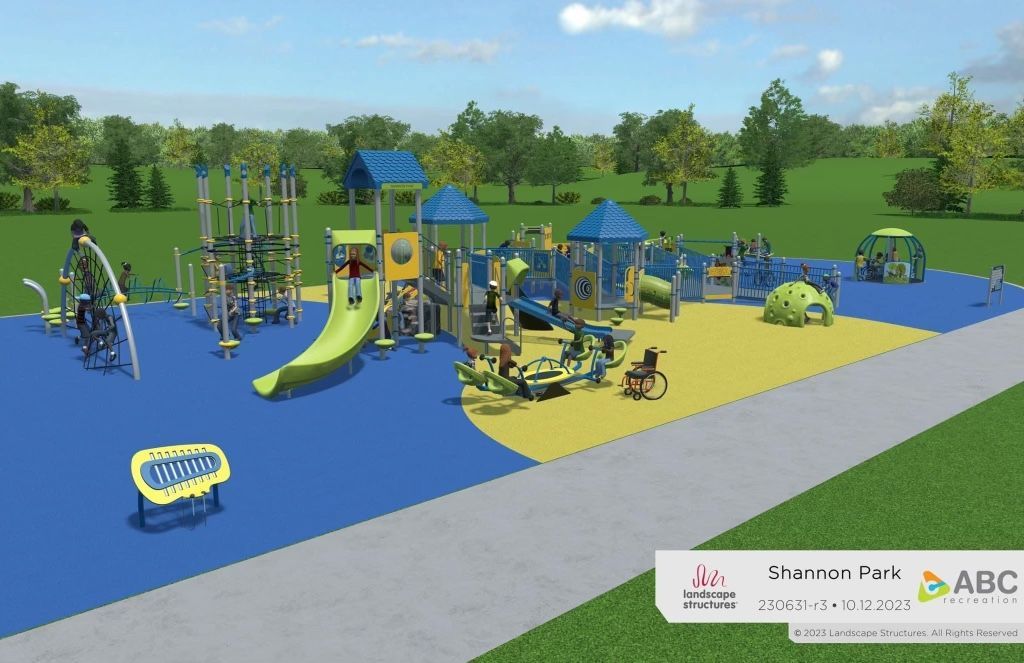 An artist 's impression of a playground in a park.