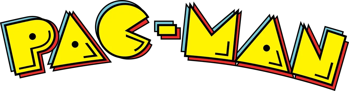 Pac-Man logo, yellow text on white, red and blue outlines.