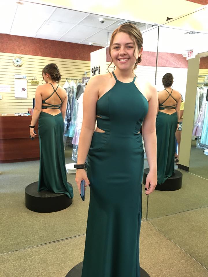 Girl wearing sea green A-line gown