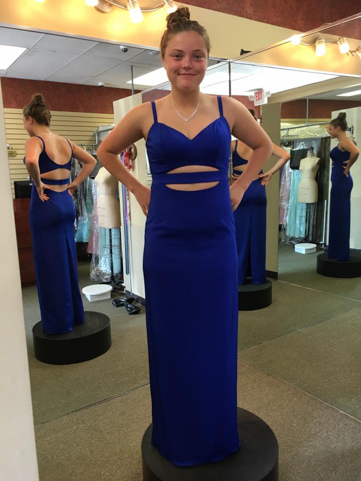 Girl wearing blue A-line gown