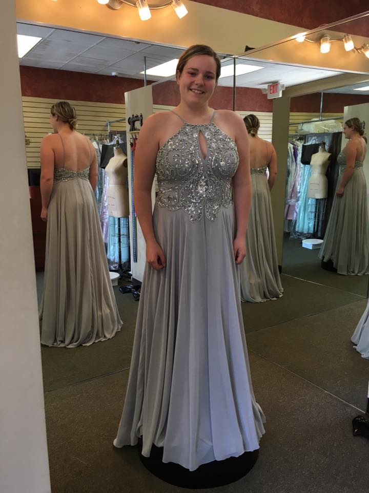 Girl wearing ash shimmered modified A-line gown