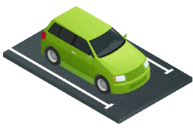 A green car is parked on the side of the road.