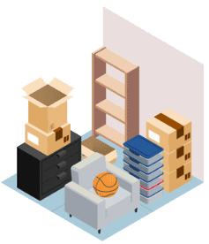 An isometric illustration of a living room filled with boxes , a chair , and a basketball.