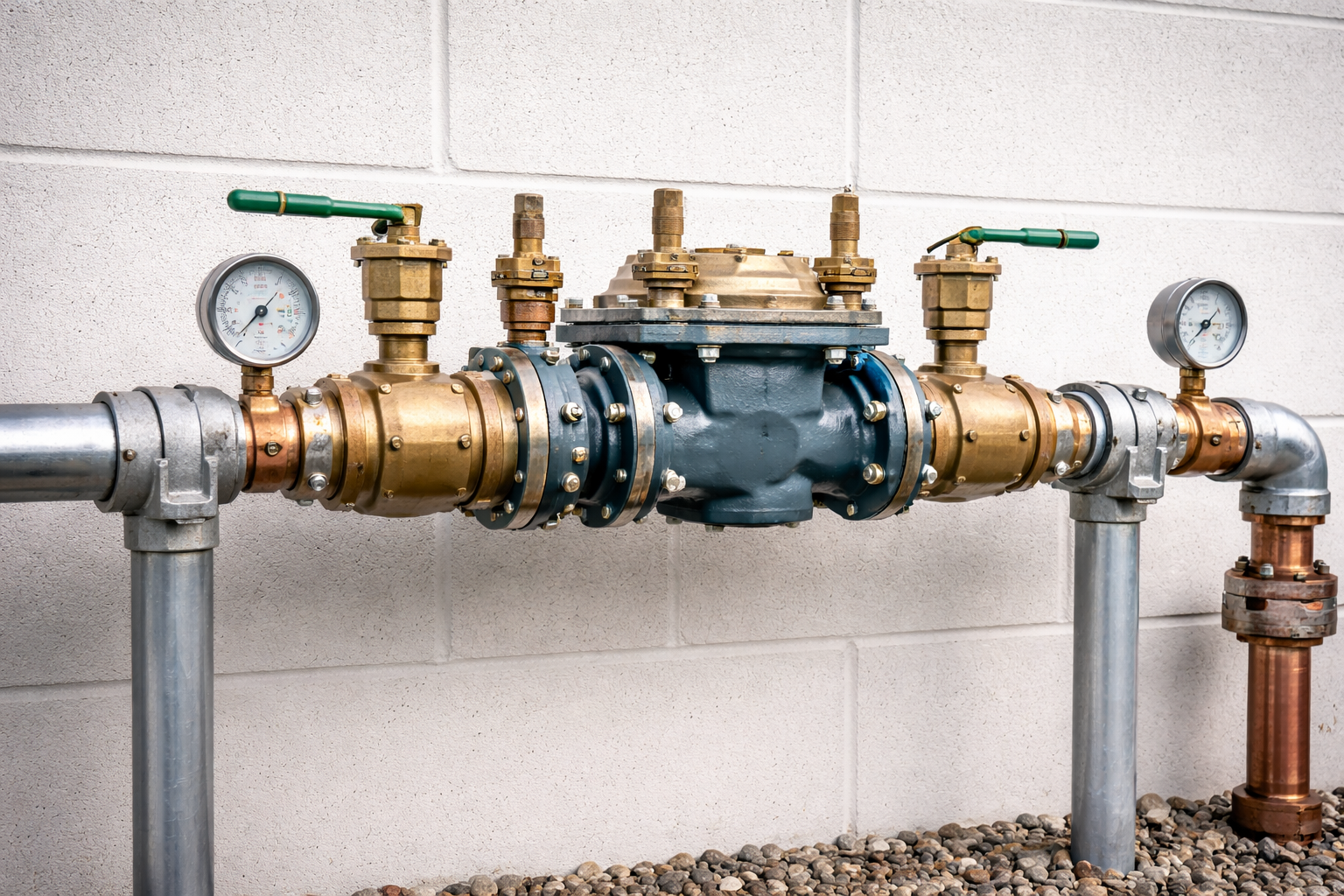 Water meter with pipes, valves, and gauges, against a textured white wall.