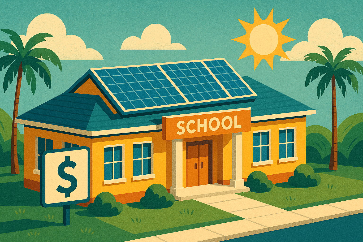 An illustration of a school building with solar panels on the roof.