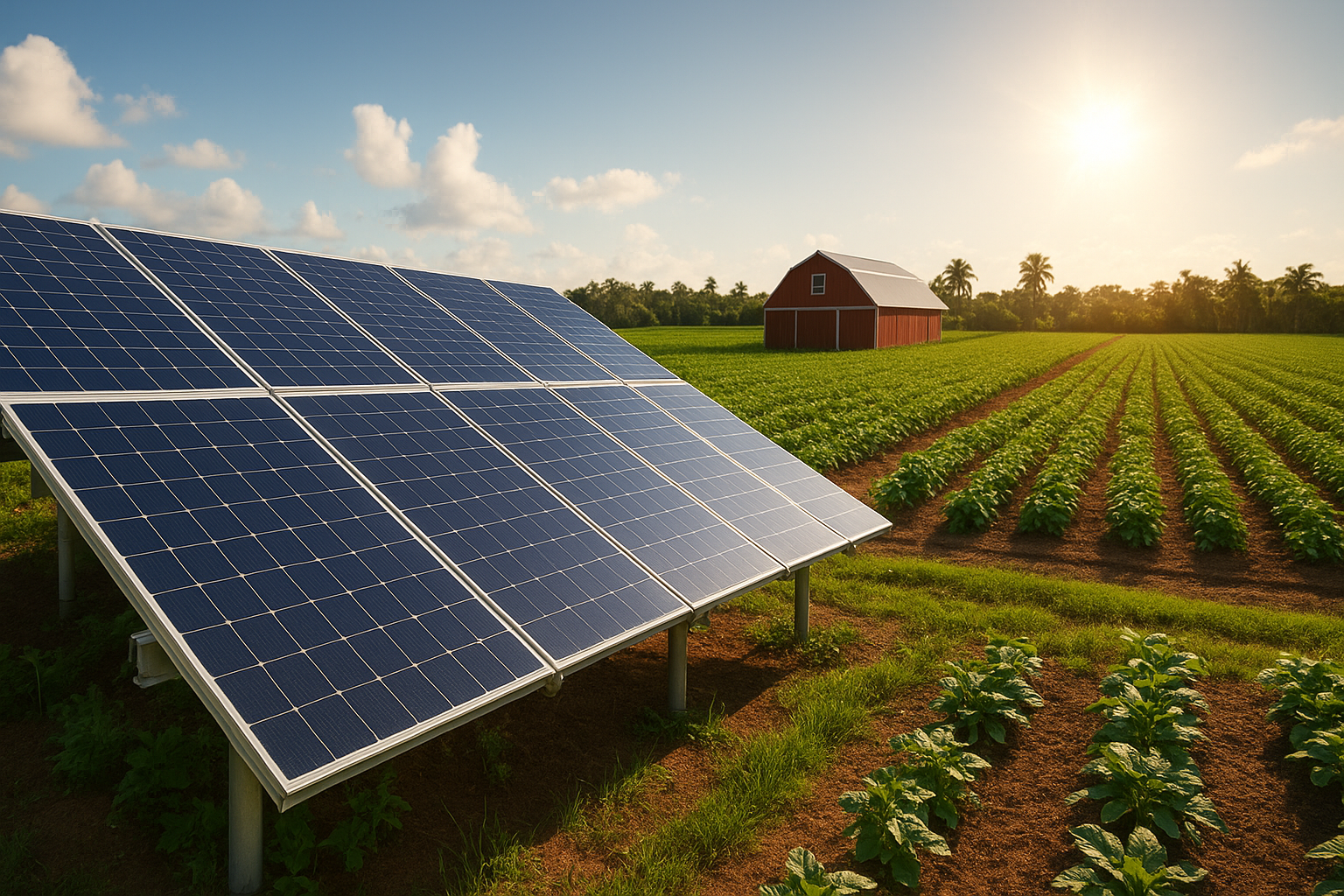 A row of solar panels in a field with a barn in the background.