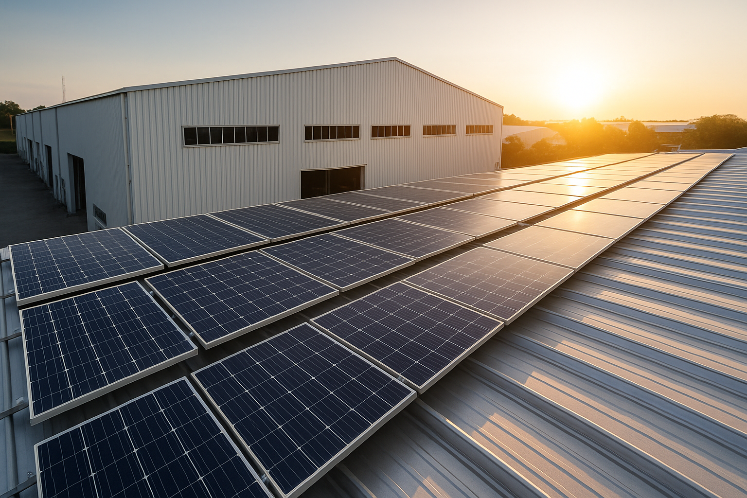 A row of solar panels on the roof of a building.