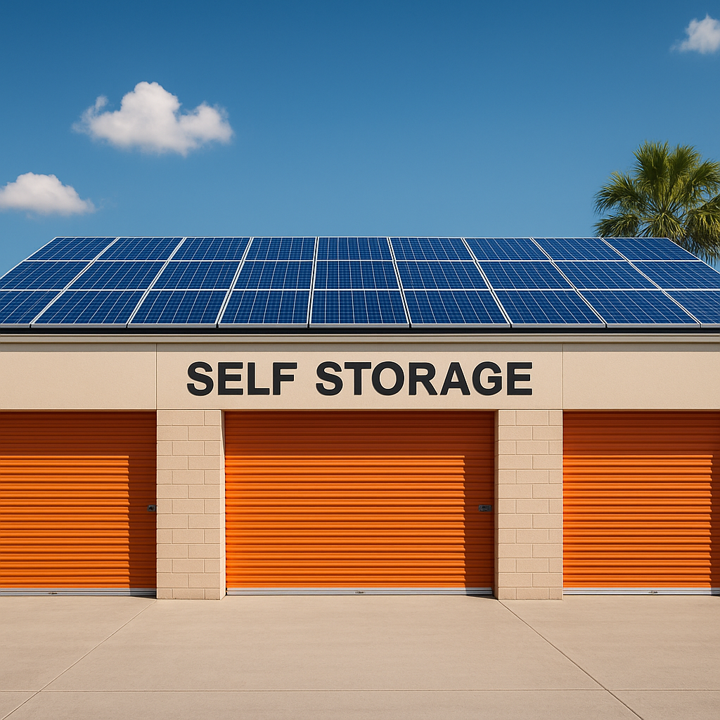 A self storage building with solar panels on the roof