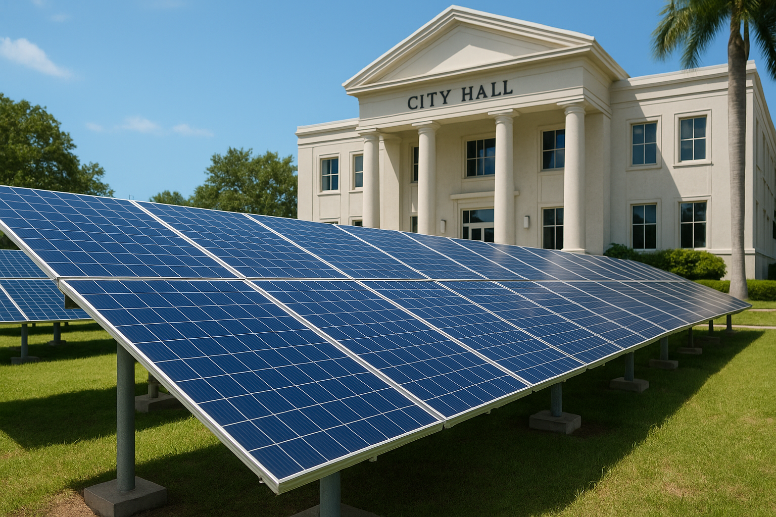 A city hall with solar panels in front of it