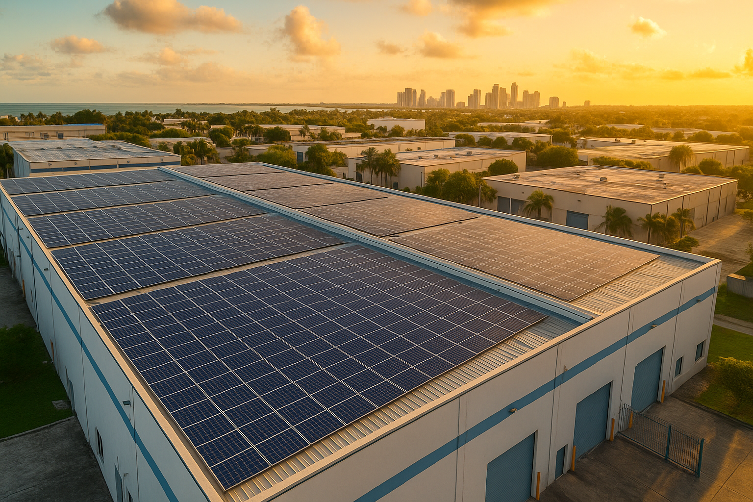 An aerial view of a building with solar panels on the roof.