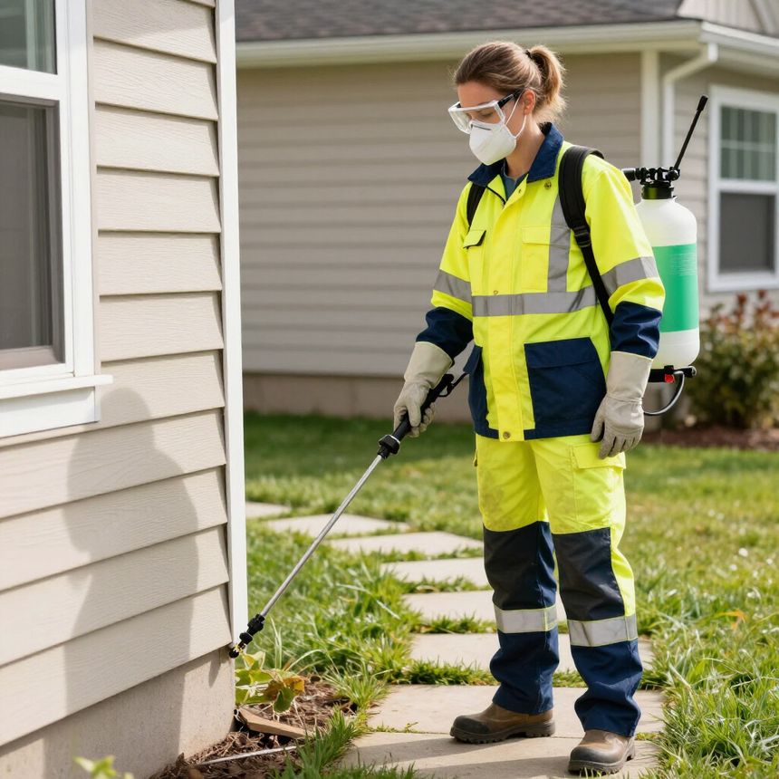 Worker in yellow safety gear spraying treatment along a house foundation with a backpack sprayer.