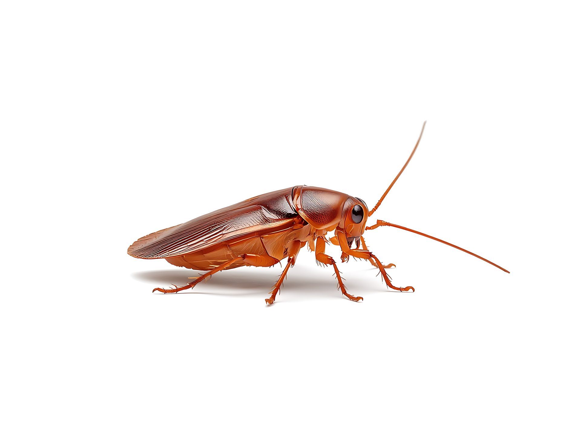 Brown cockroach on a white background, shown in side view with long antennae.