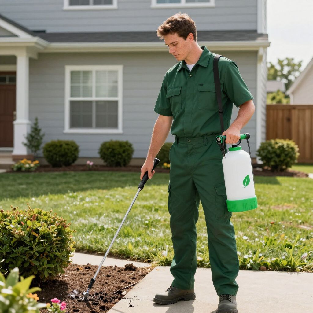 Green-uniformed worker spraying weeds along a sidewalk in a suburban yard