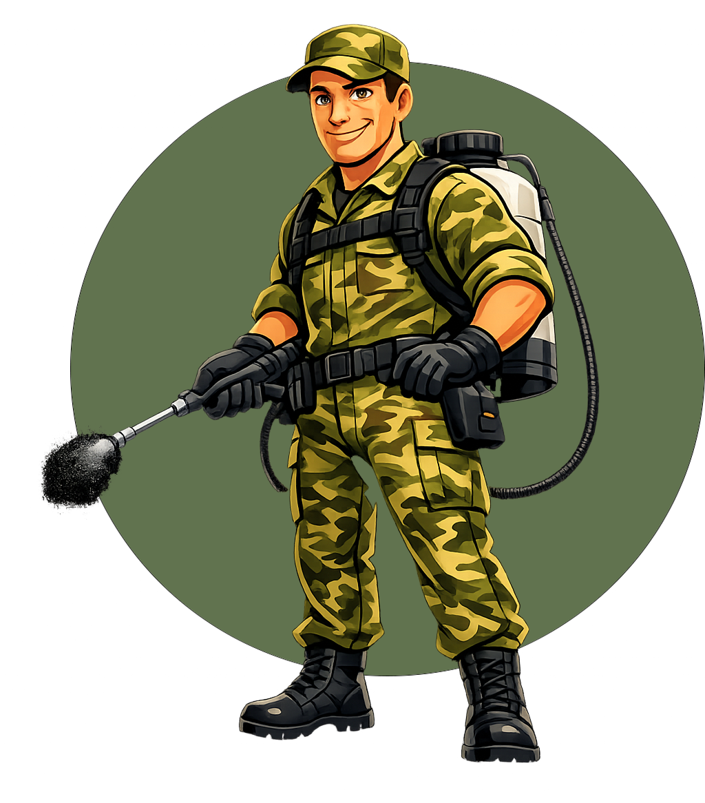 Cartoon pest control worker in camouflage suit holding a fogging sprayer, standing in front of a green circle.