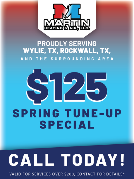 Martin Heating & Air LLC promotional flyer for a $125 spring HVAC tune-up special in Wylie and Rockwall, TX.