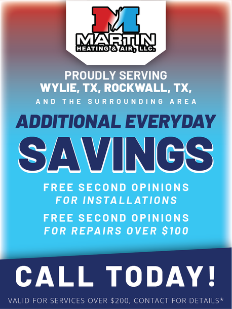 Martin Heating & Air ad offering free second opinions for installations and repairs over $100 in Wylie and Rockwall, TX.