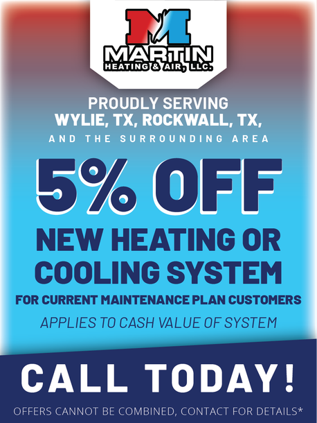Ad for Martin Heating & Air offering 5% off new systems for maintenance plan customers in Wylie and Rockwall, TX.