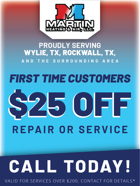 A digital flyer for Martin Heating & Air, LLC, offering $25 off repair or service for first-time customers in Texas.