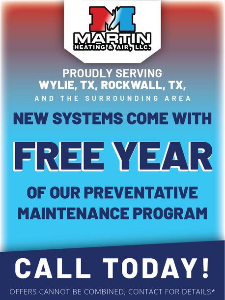 Promotional flyer for Martin Heating & Air offering a free year of preventative maintenance with new HVAC systems.