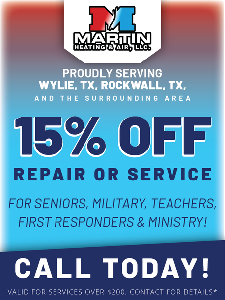 A promotional flyer for Martin Heating & Air, LLC offering 15% off repairs for seniors, military, teachers, and others.