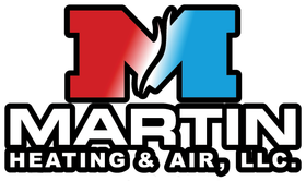 The logo for martin heating and air llc is red and blue