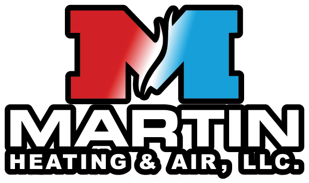 The logo for martin heating and air llc is red and blue