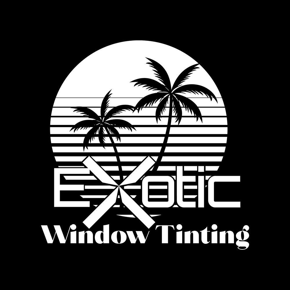 A black and white logo for exotic window tinting with palm trees in the background.