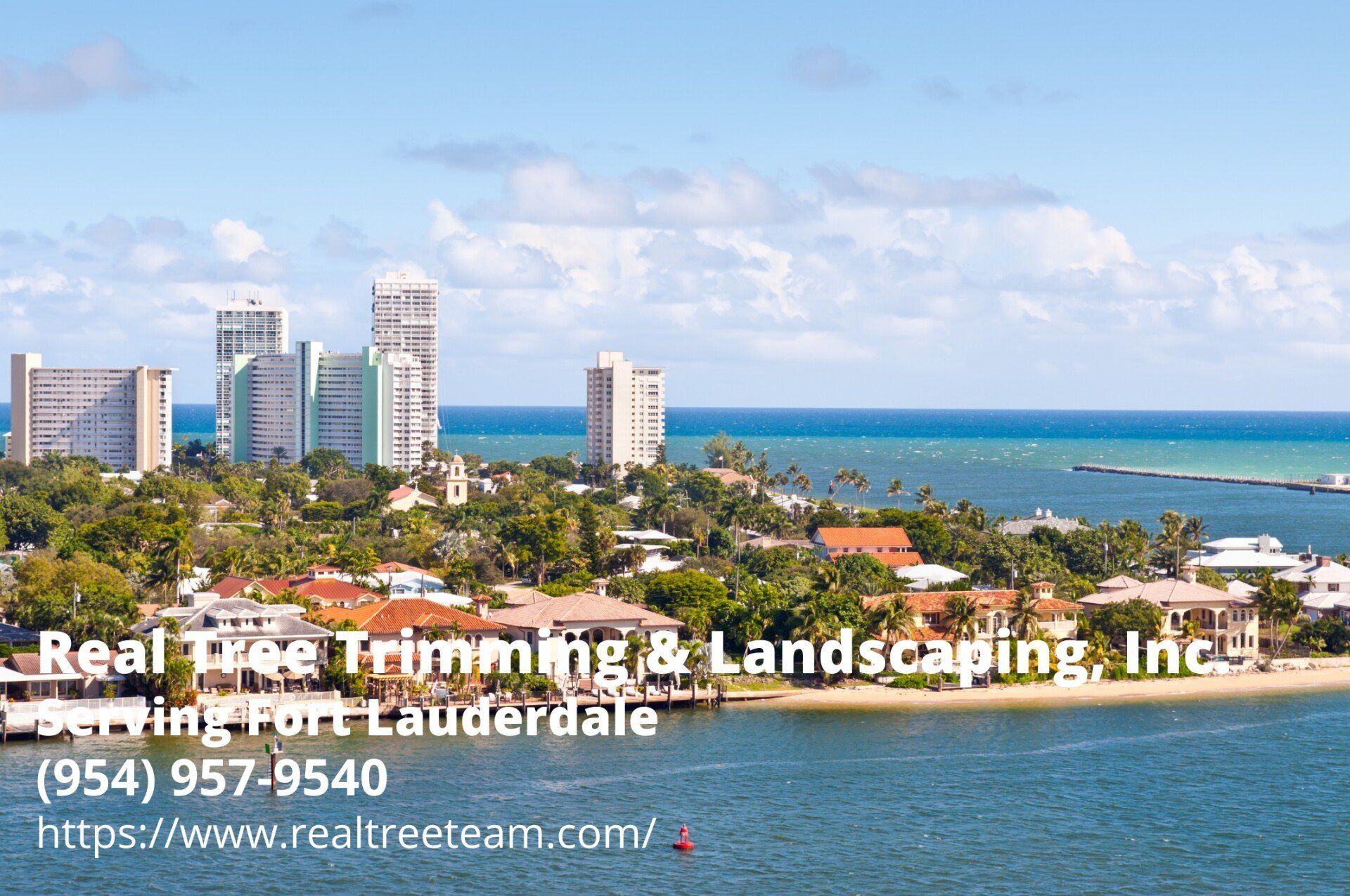 An aerial view of the Lauderdale Beach with the contact details of Real Tree Trimming & Landscaping, Inc.