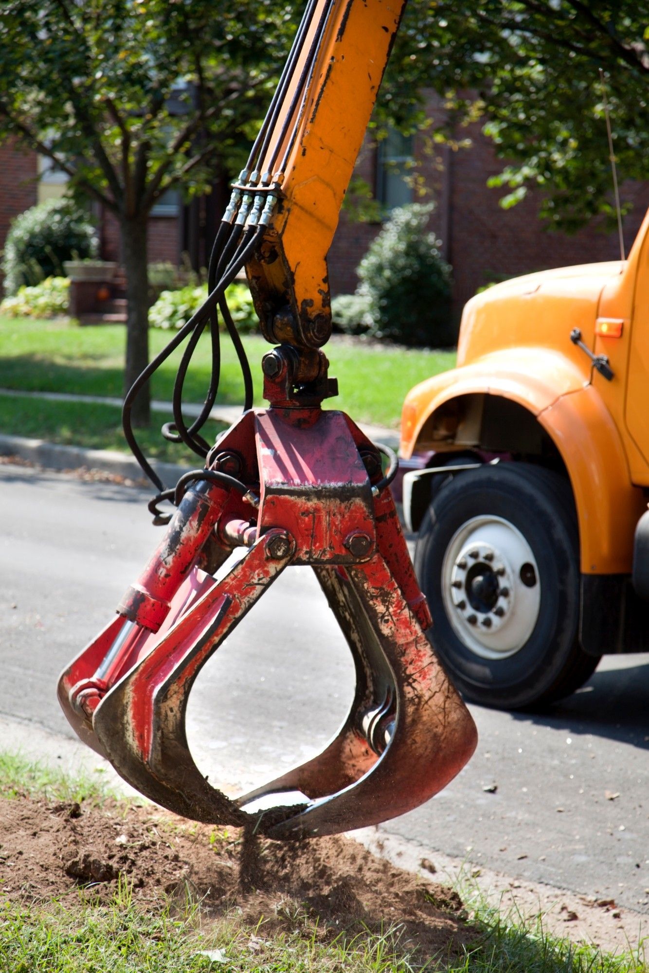 excavator with clamp attachment is used to remove the remaining tree stump